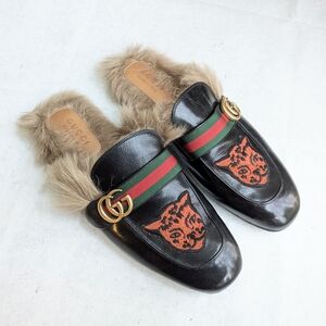 Gucci Princetown Horsebit Loafers Black Leather Fur Men US 11